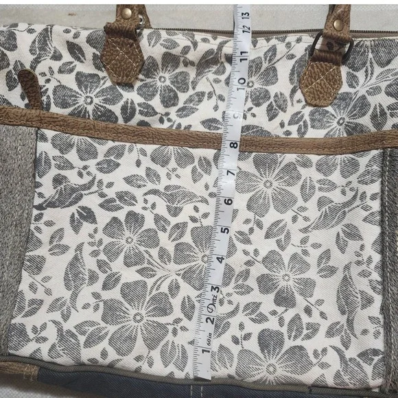 Myra Bag Amaryllis Upcycled Canvas & Cowhide Messenger Bag Rustic Western - Picture 10 of 13